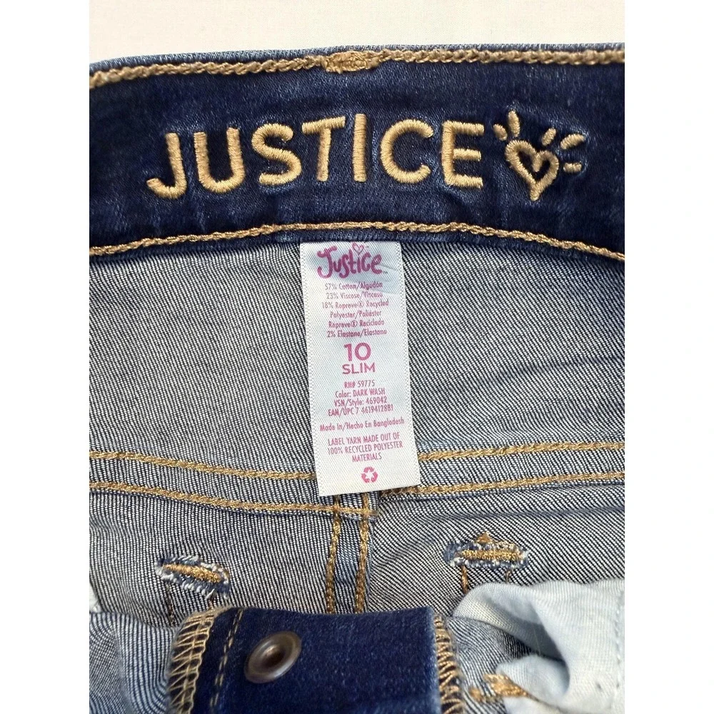 Justice Jeans‎ Girls 10 Slim Blue Skinny Dark Wash Distressed Button Fly Denim